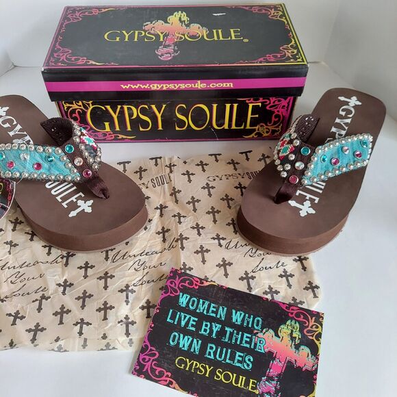 New Gypsy Soule Flip Flop Sandals Swarovski Crystals Sz 10 Brown Blue Aztec Box - Picture 13 of 16